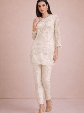 NWT Ridhi Mehra Ivory Embroidered Net Kurta Set Pearl Beaded Couture (Small/Med)